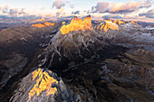 Aerial view of Colac, Gran Vernel, Marmolada and Val Contrin, Dolomites, Trentino-Alto Adige, Italy, Europe