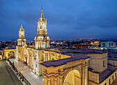 Cathedral at twilight, Plaza de Armas, elevated view, Arequipa, Peru, South America