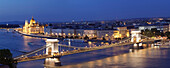 View over Danube River to Chain Bridge and Parliament, UNESCO World Heritage Site, Budapest, Hungary, Europe