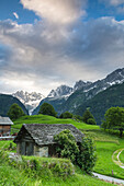 The alpine village of Soglio at dawn, Bregaglia Valley, Maloja Region, Canton of Graubunden (Grisons), Switzerland, Europe