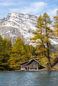 Wood hut on the shore of Lai da Palpuogna (Palpuognasee), Bergun, Albula Pass, Canton of Graubunden (Grisons), Switzerland, Europe