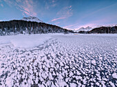 Panoramic of ice crystals at Lej da Staz, St. Moritz, Engadine, Canton of Graubunden (Grisons), Switzerland, Europe