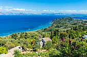View over the coastline from the mountain village of Chlomos, Corfu, Ionian Islands, Greek Islands, Greece, Europe