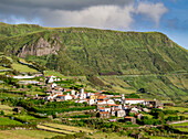 View towards Mosteiro Village and Rocha dos Bordoes, Flores Island, Azores, Portugal, Atlantic, Europe