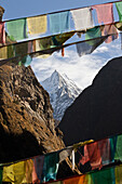 Mountain and prayer flags of Southern Tibet, Himalayas, China, Asia