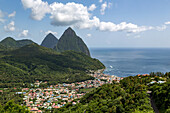 The town of Soufriere with the Pitons, UNESCO World Heritage Site, beyond, St. Lucia, Windward Islands, West Indies Caribbean, Central America