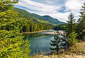 View of Clearwater River and meadows near Clearwater, British Columbia, Canada, North America