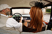 Citroen C SIX, oldtimer, 1928 built, driving. Couple in 20/30ies Costume