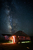Sky full of stars above a yurt at Song Kol Lake in Kyrgyzstan, Asia