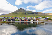 The village of Leirvik between ocean and mountains, Eysturoy Island, Faroe Islands, Denmark, Europe