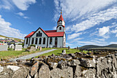 Church and cemetery in Sandavagur, Vagar Island, Faroe Islands, Denmark, Europe