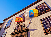 Casa Montanes, colonial house, Spanish and Canarian flags, San Cristobal de La Laguna, Tenerife Island, Canary Islands, Spain, Europe