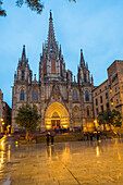 The Cathedral of the Holy Cross and Saint Eulalia at dusk and in the rain, Barcelona, Catalonia, Spain, Europe