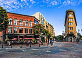 Architecture and cafe bar in Maple Tree Square in Gastown, Vancouver, British Columbia, Canada, North America