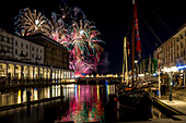 Fireworks during the Alstervergnuegen street fair in Hamburg, Germany, Europe