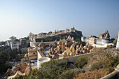 View of some of the 863 beautiful carved marble holy Jain temples on the top of Shatrunjaya hill, Palitana, Gujarat, India, Asia