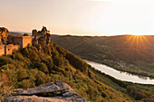 Aggstein Castle ruin on Danube River at sunset, Cultural Landscape Wachau, UNESCO World Heritage Site, Austria, Europe