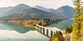 Sylvenstein Lake and bridge in autumn, Bad Tolz-Wolfratshausen district, Bavaria, Germany, Europe