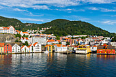 Bergen waterfront and skyline seen from the sea, Hordaland, Norway, Scandinavia, Europe