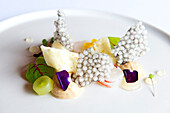 champagne lobster, foi gras, grape, verjuice gel and squid ink tapioca served at Qualia