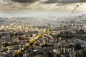 High elevation view of Paris cityscape.