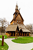 The Hopperstad Stave Church replica at the Hjemkomst Center in Moorhead, Minnesota. It was built by Guy Paulsona and donated to the Center and the city of Moorhead from the Paulson family in 1998.