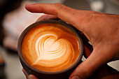 Heart shape froth art in cappuccino, San Francisco, California, USA