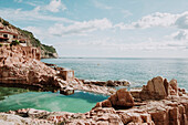 Swimming pool on rocky seashore, Es Cau, Costa Brava, Catalonia, Spain