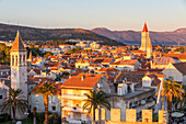 Elevated view from Kamerlengo Fortress over the old town of Trogir at sunset, UNESCO World Heritage Site, Croatia, Europe