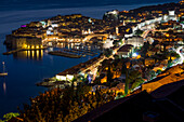 High-angle view over the old town of Dubrovnik at dusk, Croatia, Europe
