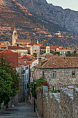 View to the old town of Korcula Town at sunset, Korcula, Croatia, Europe