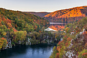 Elevated view over the Lower Lakes at sunrise inside Plitvice Lakes National Park during autumn, UNESCO World Heritage Site, Croatia, Europe