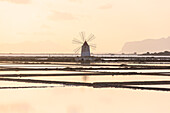 Windmill in the salt flats, Saline dello Stagnone, Marsala, province of Trapani, Sicily, Italy, Mediterranean, Europe