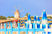 Beach umbrellas and windmill, Baia dei Mulini, Trapani, Sicily, Italy, Mediterranean, Europe