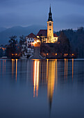 The Church of the Assumption at night, Lake Bled, Slovenia, Europe