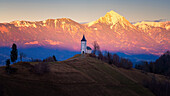 The Church of St. Primoz, Jamnik, at sunset, Slovenia, Europe