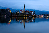 The Church of the Assumption pre-dawn, Lake Bled, Slovenia, Europe