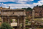 Panoramic view of surviving structures and the Arch of Septimius Severus in the Roman Forum, UNESCO World Heritage Site, Rome, Lazio, Italy, Europe