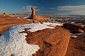 Sandstone rock formation in winter, La Sal Mountains, Arches National Park, Utah