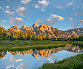 Mountain range reflected in pond, Grand Tetons, Grand Teton National Park, Wyoming