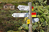 Schilder, Wanderweg, Wanderung zu den Dragos Salvatierra, Drachenbäume, bei Santo Domingo de Garafia, UNESCO Biosphärenreservat, La Palma, Kanarische Inseln, Spanien, Europa