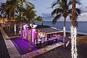 beach bar, palm trees, Playa de Puerto Naos, beach, Puerto Naos, east coast, Atlantic, UNESCO Biosphere Reserve, La Palma, Canary Islands, Spain, Europe