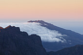 view over the crater to the cascade of clouds of the Cumbre Nueva, near Fuente Nueva, crater rim, Caldera de Taburiente, UNESCO Biosphere Reserve, La Palma, Canary Islands, Spain, Europe