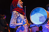 open air concert, woman with drum, music group, Plaza de Santo Domingo, square, Santa Cruz de La Palma, capital of the island, UNESCO Biosphere Reserve, La Palma, Canary Islands, Spain, Europe