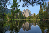 Granite peaks reflected in river, Yosemite Valley, Yosemite National Park, California
