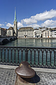 Munster bridge, river Limmat, bollard, Limmatquai,  Fraumunster, cityscape Zurich, switzerland