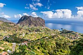 The northern coast of Porto da Cruz with Penha da Ã. guia seen from the Miradouro Porto da Cruz, Madeira, Portugal.