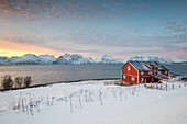 A traditional red house in the snowy landscape at sunset on the fjord, Djupvik, Lyngen Alps, Tromso, Norway, Europe