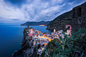 Vernazza, 5 Terre, Province of La Spezia, Liguria, Italy. Blue hour at Vernazza.