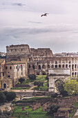 Rome, Latium, Italy. The famous Roman Forum with Colosseum on the background.